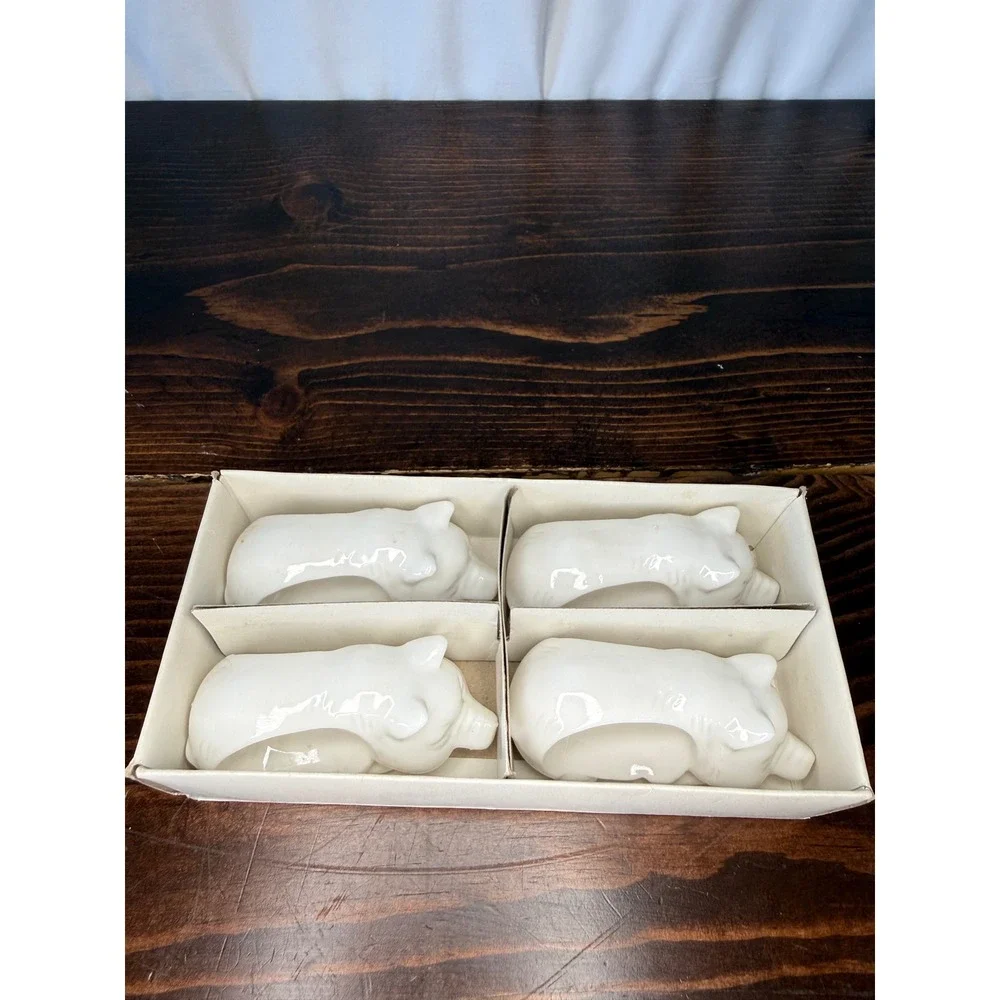 Vintage Shafford White Ceramic Pig Napkin Rings‎ Set of 4 Farmhouse Decor 2081